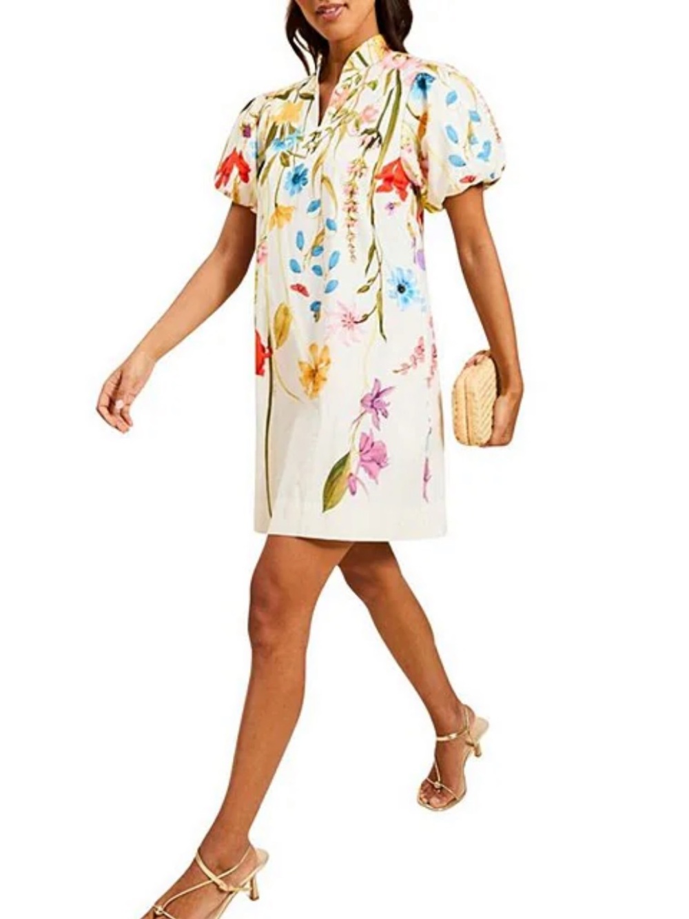 Elliana Floral Garden Print Mandarin Collar Short Puff Sleeve Mini Dress